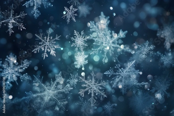 Fototapeta Winter dark blue background with snowflakes. Abstract magic wallpaper, beautiful pattern. Heavy snowfall effect. Art illustration. Mockup with copy space. Falling Christmas snow. Image is AI generated