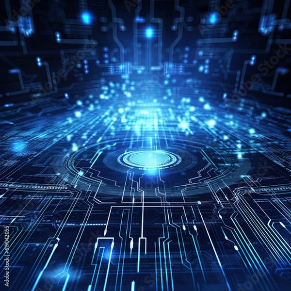 Fototapeta Technology cyber network blue digital abstract line chips data background. Generative Ai.