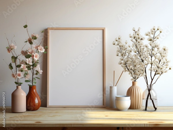Fototapeta Mock up frame in coastal Home Interior Background, Mockups Design 3D, High-quality Mockups, Generative Ai