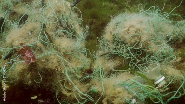Fototapeta Lost fishing net lies on seabed in green algae Ulva on bright sunny day in sun glare in Black sea, Ghost gear pollution of Seas and Ocean, Black Sea, Odessa, Ukraine