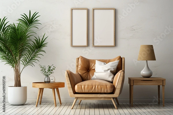 Fototapeta Blank picture frame mockup. White living room design. generative AI