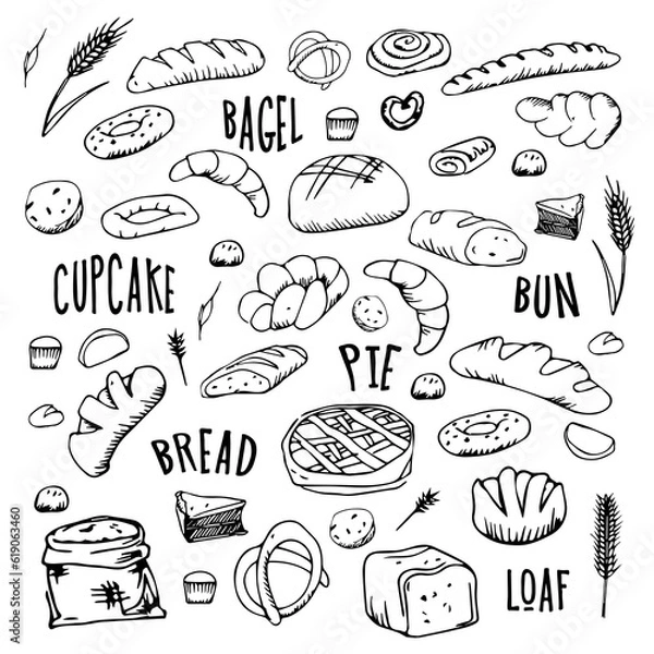Fototapeta bread outline pattern. Drawing rye, whole grain and wheat bread, pretzel, muffin, pita bread, ciabatta, croissant, bagel, toast bread, French baguette for bakery menu decoration. Vector illustration.