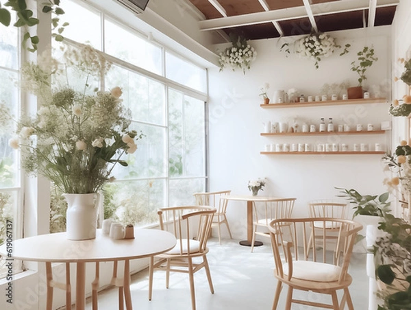 Fototapeta Interior design of a cafe with white counter, bakery display, wooden counter with chairs by window. Morning Sunlight, Hanging plants Background. Generative AI.