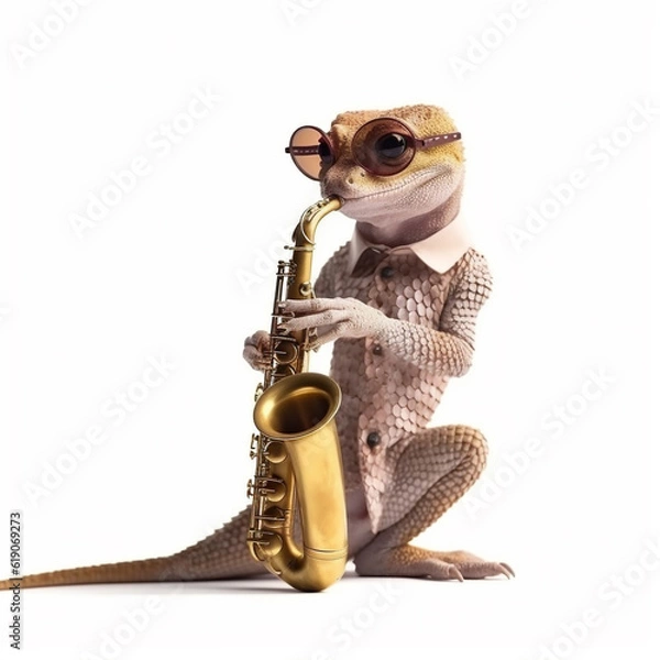 Fototapeta Fashion gecko lizard with sunglasses playing the saxophone. Generative ai.