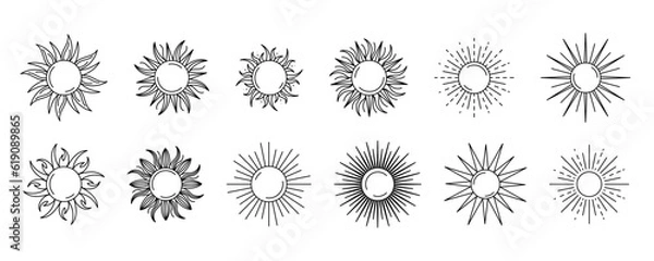 Fototapeta Set sun isolated on a white background. Vector illustration in outline style. For cards, logo, decorations, invitations, boho designs.