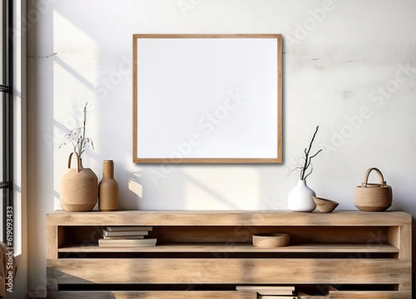 Fototapeta Empty mock up poster frame on white stucco wall above wooden dresser with home decor. Rustic interior design of modern living room. Created with generative AI