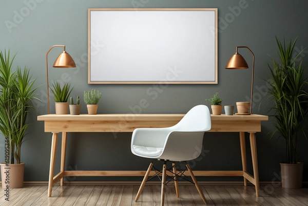 Fototapeta office workspace interior, computer on wooden table scandinavian style design, empty workplace, pc with blank screen, generative AI