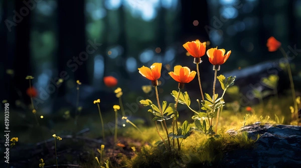 Fototapeta Bright forest flowers with a beautiful blurred background.