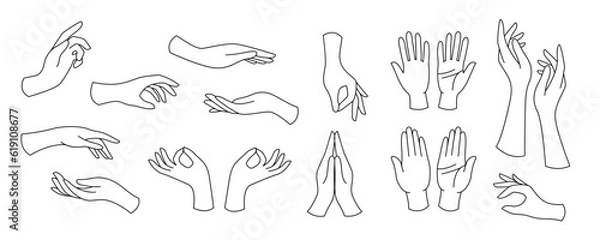 Fototapeta Set outline woman hands. Collection of different elegant gestures. Line art for logo design, trendy minimal style.
