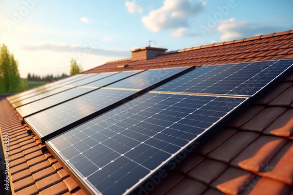 Fototapeta Large Solar Battery on Roof of Building. Modern House with Solar Panel on the Roof. Generative AI.