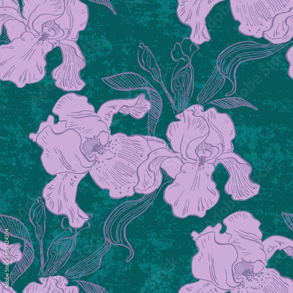 Fototapeta Irises seamless patterns Botanical for wrapping paper, textile and wallpaper. Engraved vintage style. Vector illustration.