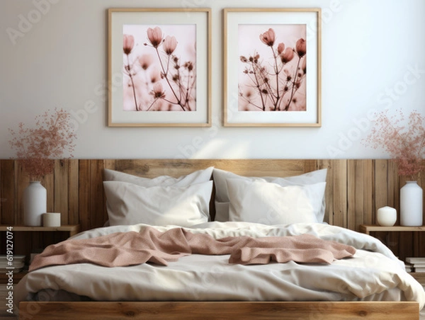 Obraz Mockup Frame in bedroom interior background Farmhouse, Mockups Design 3D, High-quality Mockups, Generative Ai
