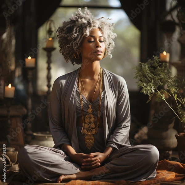 Obraz Older Black Woman Practicing Mindfulness, Calm, Relaxation Techniques for Mental Health