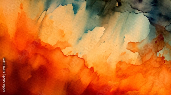 Fototapeta Abstract Artistic Blend of Warm Orange and Cool Blue Tones, Moody Watercolor Wash Painting on Paper Texture