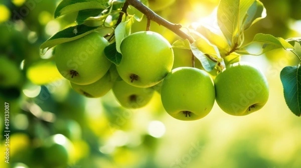 Fototapeta Vibrant green apples on tree branch symbolize growth, freshness, and healthy eating. Outdoor sunny day background with copy space. Generated with AI.