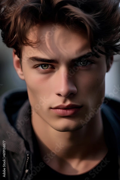 Fototapeta portrait of a European man with brown hair, close-up, soft light, art created by artificial intelligence, ai generated art