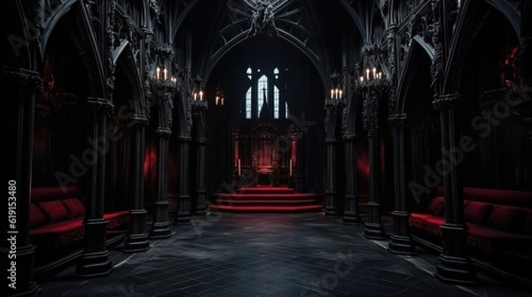 Fototapeta abstract renaissance empty big hall dark gothic light and smoke room