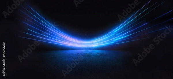 Fototapeta Streszczenie jasnoniebieskie linie na czarnym tle oświetlają teksturowany podłoża. Dynamiczne krzywe i wzór bluesa. Szczegółowa grafika fraktalna. Koncepcja nauki i technologii