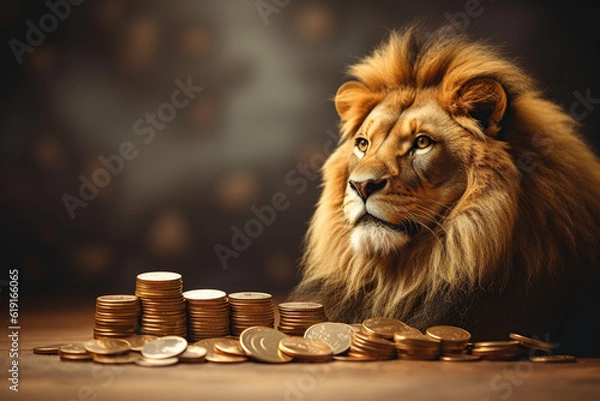 Fototapeta Lion several gold coins Generative AI