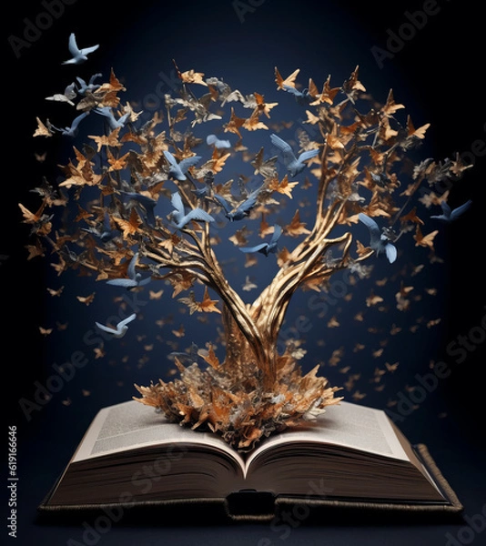 Fototapeta Golden tree growing from the old book, Education and knowledge concept. Generative AI.