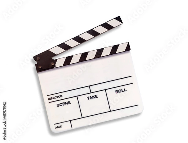 Fototapeta white film slate or movie clapperboard for filming on white background. isolate