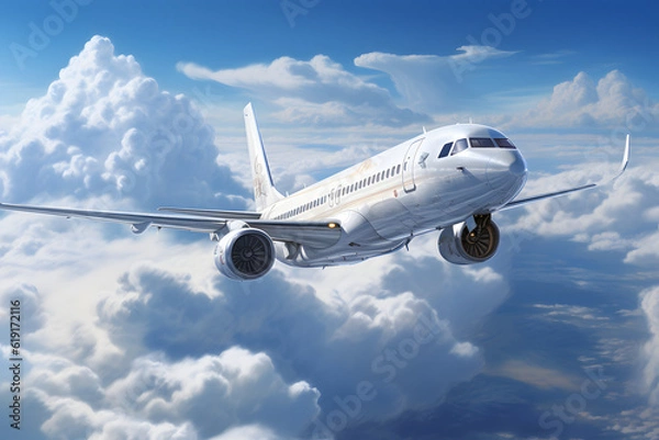 Fototapeta A plane traverses the blue sky, surrounded by clouds, beckoning to the allure of travel and vacation.