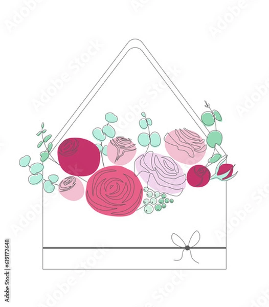 Obraz Romantic vector postcard with pink roses and eucalyptus branches