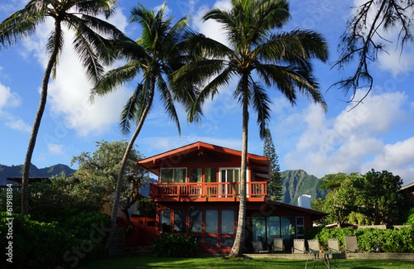 Fototapeta Red Two Story Beach House with tall coconut trees