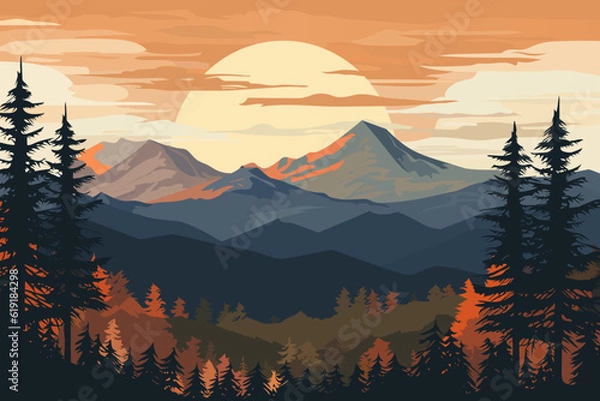 Fototapeta Autumn landscape. Beautiful mountains and forest at sunset. Silhouettes of the forest against the backdrop of mountains.