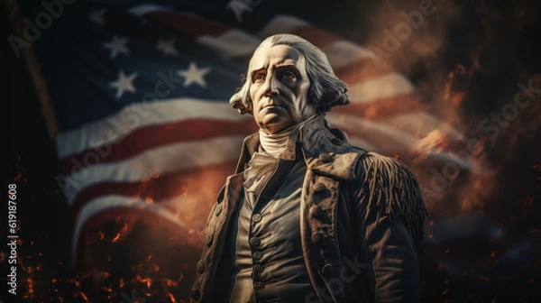 Fototapeta Statue of George Washington with American flag in the background created with generative AI technology