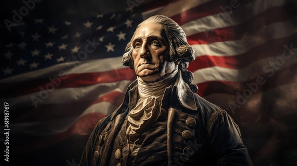 Fototapeta Statue of George Washington with American flag in the background created with generative AI technology