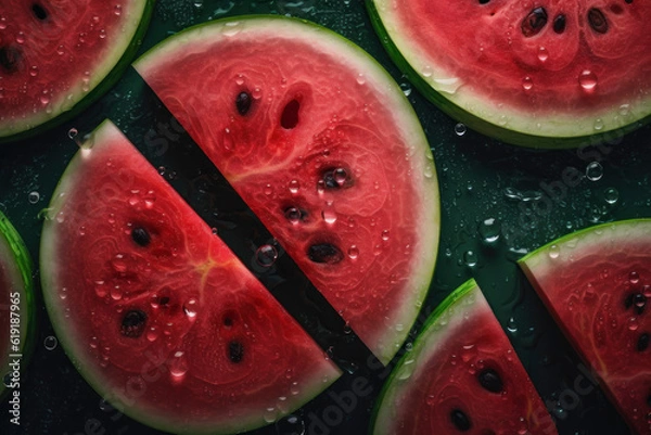 Fototapeta Fresh Watermelon seamless background, adorned with glistening droplets of water. Top down view. AI Generated