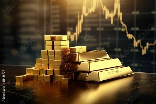 Fototapeta Gold bar resting on a stocks and shares graph representing investment  ,Generative AI	