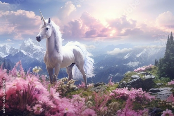 Obraz Magic unicorn in fantastic world with fluffy clouds and fairy meadows Generative AI	