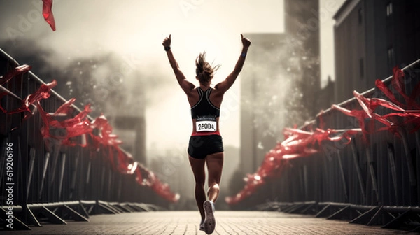 Fototapeta She crosses the finish line, triumphant after a marathon race, with a beaming smile on her face.