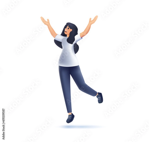 Fototapeta 3D Happy surprised woman character jumping isolated. 3D cartoon style vector design illustrations. Happiness Emotions, Body Language, Cartoon People Vector Illustration