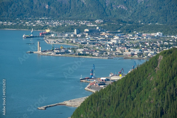Fototapeta View over Mo i Rana, Helgeland, Norway from Hauknestinden, 800 meters over sea level at Hauknes. Rana by next to Ranfjorden. Rana port with Rana gruber inbetween the norwegian mountains during summer