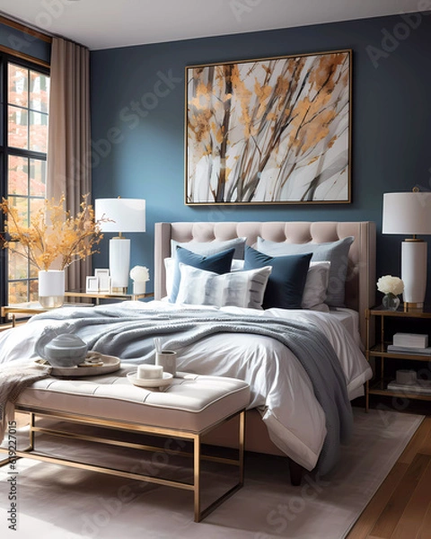Fototapeta Interior of a colorful bedroom with slate blue walls.  Master bedroom with abstract canvas art and large windows.  Interior bedroom concept. 