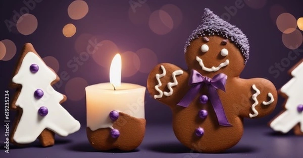 Fototapeta Dark lilac background with candles and gingerbread man, created with generative ai, ki