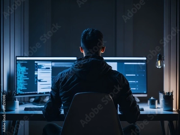 Obraz Back view man using a computer at night. Generative AI
