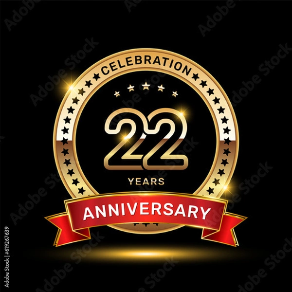 Fototapeta 22th anniversary celebration logo design with golden color emblem style and red ribbon, vector template