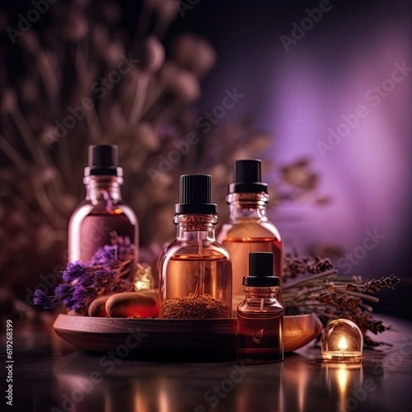 Fototapeta A collection of aromatic essential oils and a diffuser promoting relaxation and aromatherapy 