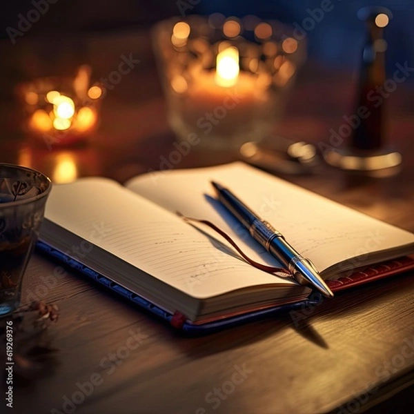 Fototapeta A journal with an open page and a pen symbolizing selfreflection and personal growth 