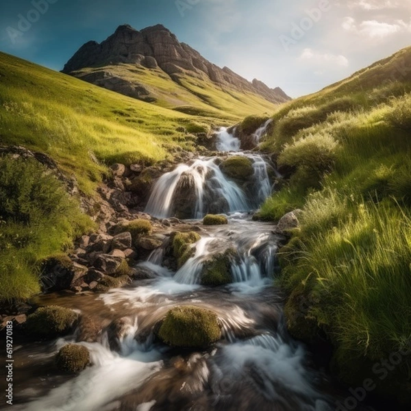 Fototapeta A peaceful and serene mountain landscape with a cascading waterfall invoking a sense of tranquility and rejuvenation 