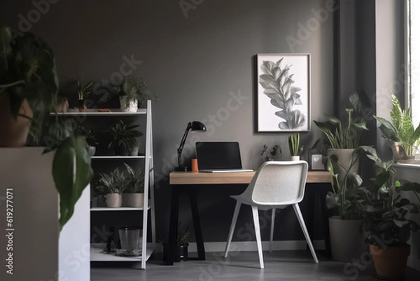 Fototapeta Generative AI.Open space living room interior with mockup computer, fresh plants and decor placed on home office desk with plants