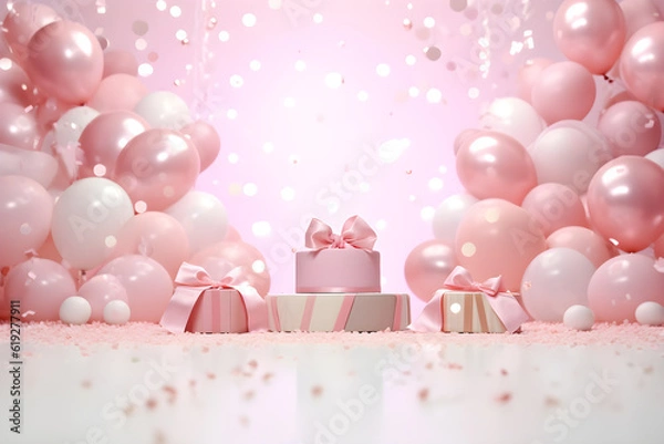 Obraz Cute gift box, balloon pink pastel podium display glitter, confetti shining girly cute celebrate sweet bokeh backdrop. Kid colorful lovely gift birthday party, Christmas, New Year. Generative Ai.