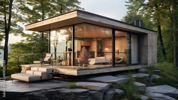 Fototapeta An eco-friendly, minimalist house boasting an excellent design, seamlessly blending with the surrounding environment. Generative AI.