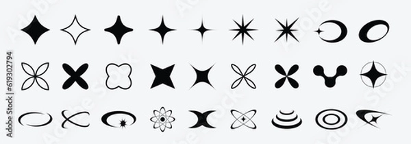 Fototapeta Elementy Y2K. Zestaw wektorowy Y2K. Geometryczny brutalizm tworzy naklejkę. Projekt graficzny w stylu Y2K. Zestaw wektorowy naklejki Star Burst. Kolekcja gwiazd. Ikony gwiazdy. Wektorowa ilustracja gwiazda pustej etykiety