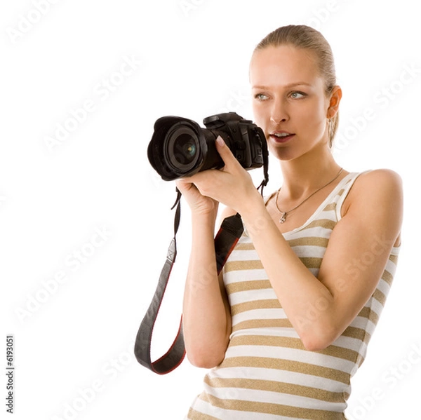 Obraz young woman with photographic camera on white background