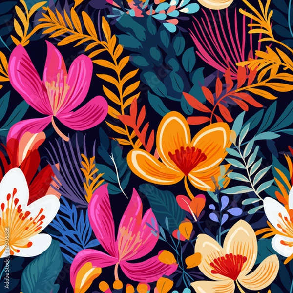 Fototapeta Vibrantly Colored Modern Tropical Floral Pattern: An Abstract, Seamless Print for a Unique Contemporary Look. Seamless pattern. Infinitely tileable.